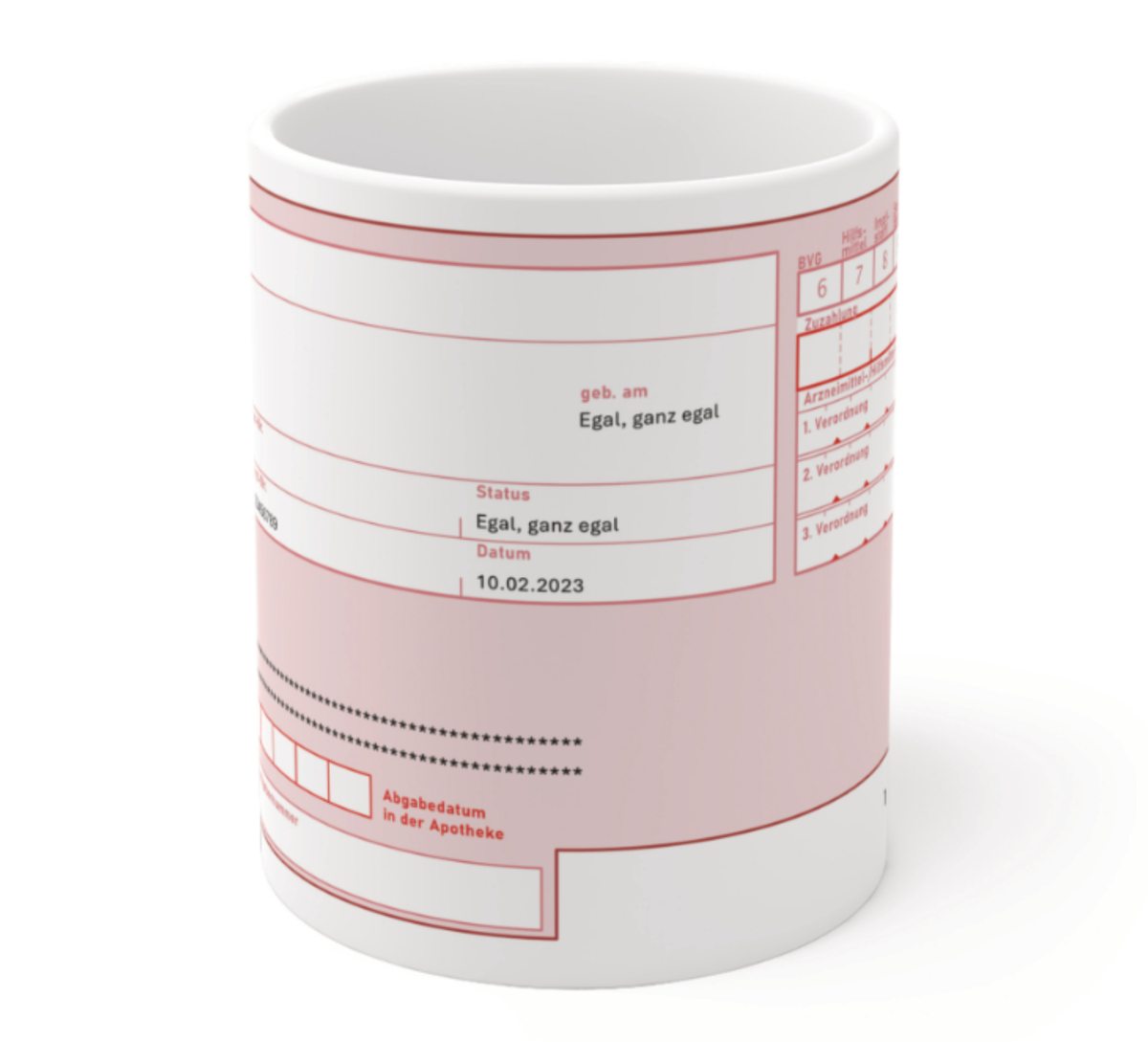 Keramiktasse mit rosa Arztrezept-Design, individuell personalisierbar mit Namen, Rezepttext und weiteren Angaben.