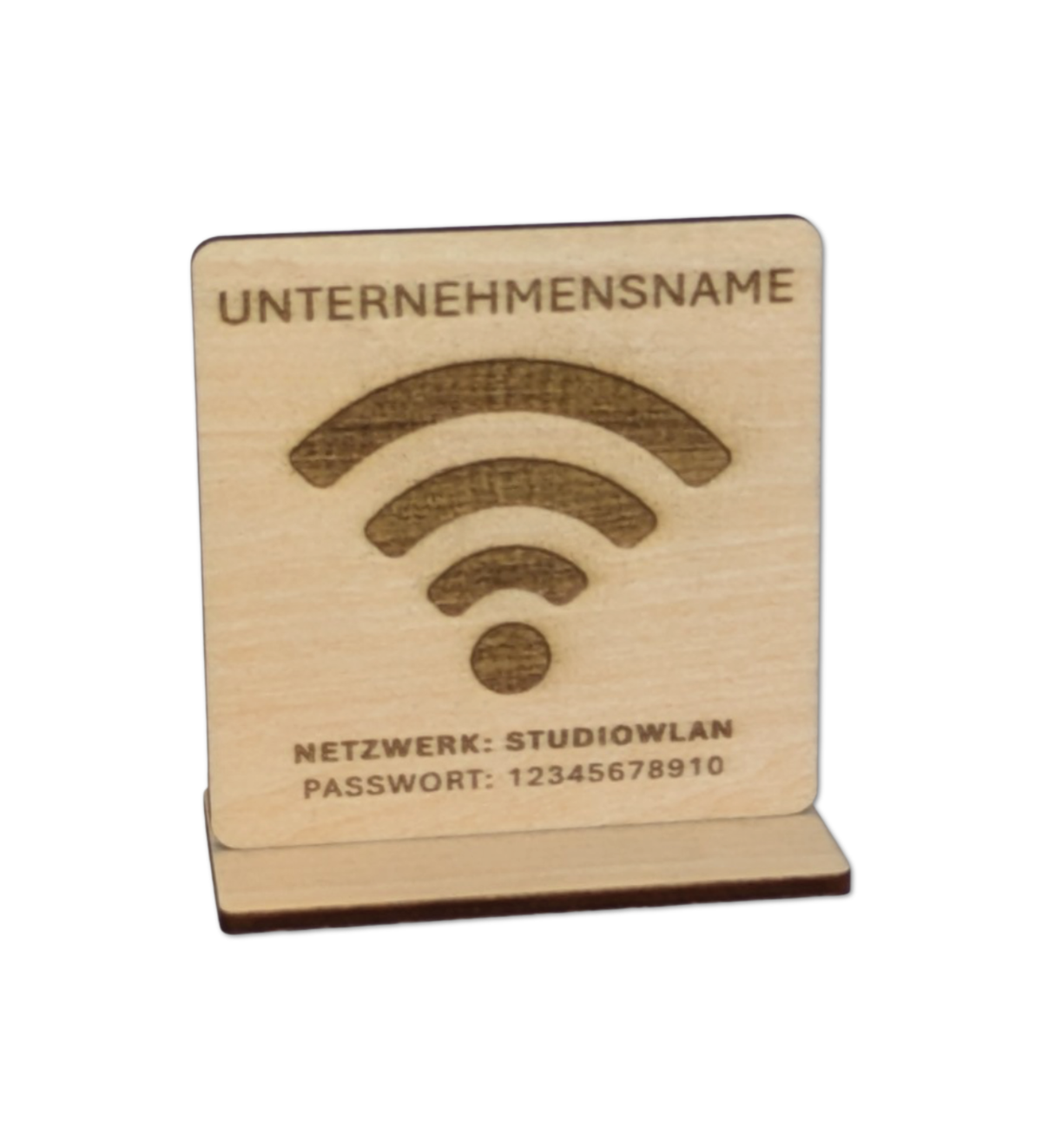 WLAN-Aufsteller aus Holz (7×7 cm) inkl. Kartenhalter. Wähle QR-Code oder Klartextgravur. Bitte sende Netzwerknamen & Passwort zur Personalisierung. Ideal für Gäste, Café, Büro oder Airbnb.