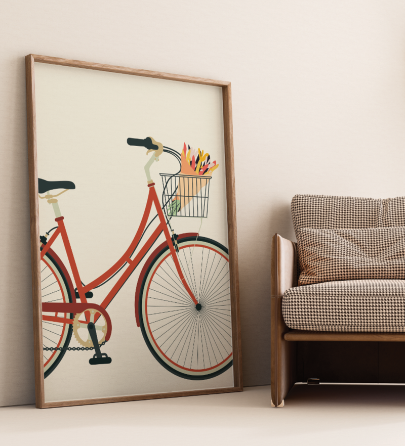 Vintage-inspiriertes Poster mit rotem Damenfahrrad auf beigem Hintergrund, wahlweise mit Blumenstrauß oder Weihnachtsbaum im Korb – minimalistisches Design als Wanddeko für Frühling oder Weihnachten.