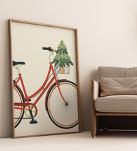 Vintage-inspiriertes Poster mit rotem Damenfahrrad auf beigem Hintergrund, wahlweise mit Blumenstrauß oder Weihnachtsbaum im Korb – minimalistisches Design als Wanddeko für Frühling oder Weihnachten.