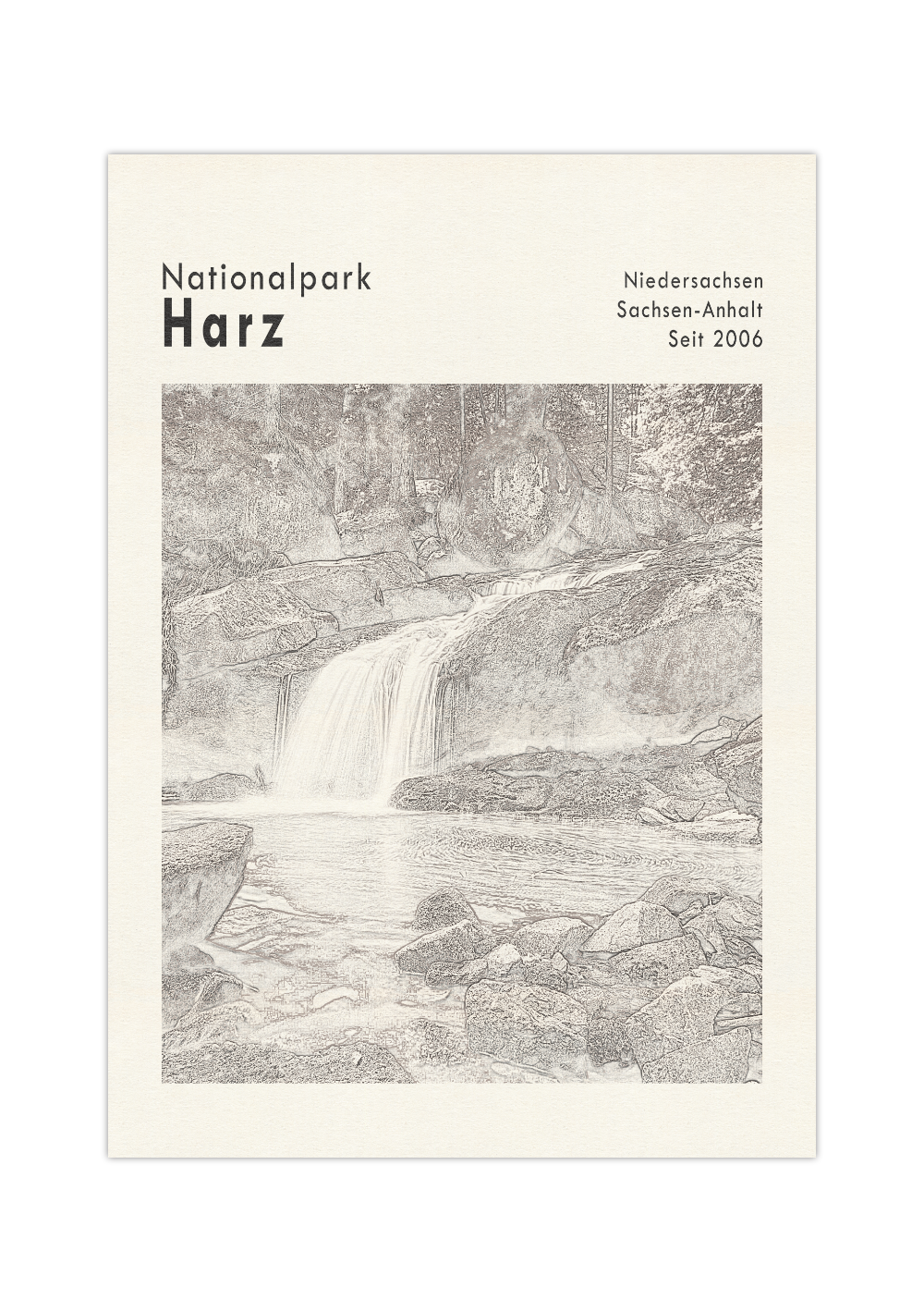 Dieses Poster zeigt einen kleinen Wasserfall im Nationalpark Harz, der in den Bundesländern Niedersachsen und Sachsen-Anhalt liegt.