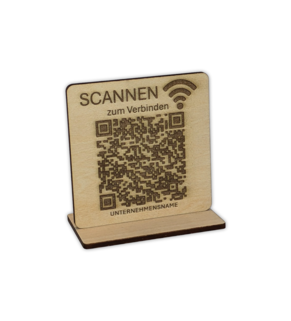 WLAN-Aufsteller aus Holz (7×7 cm) inkl. Kartenhalter. Wähle QR-Code oder Klartextgravur. Bitte sende Netzwerknamen & Passwort zur Personalisierung. Ideal für Gäste, Café, Büro oder Airbnb.