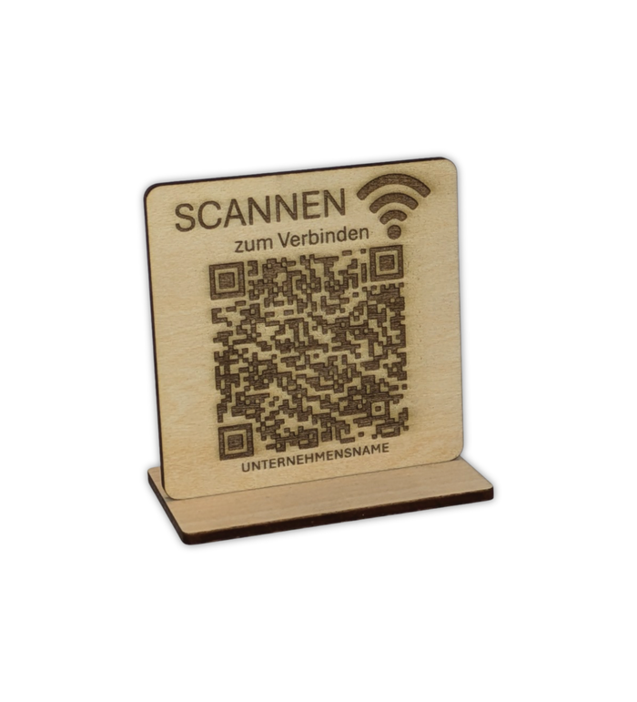 WLAN-Aufsteller aus Holz (7×7 cm) inkl. Kartenhalter. Wähle QR-Code oder Klartextgravur. Bitte sende Netzwerknamen & Passwort zur Personalisierung. Ideal für Gäste, Café, Büro oder Airbnb.