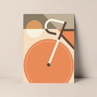 Modernes Fahrrad-Kunstwerk im Mid-Century Stil als UV-Direktdruck auf einer 3mm Alu-Dibond Platte, 30x40 cm, minimalistisches Design für Wanddekoration.