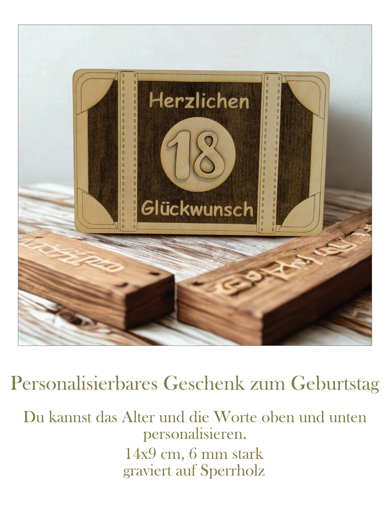 Gravierte Geschenkkarte aus Holz mit Koffer, Geldfach & Wunschtext – 14 x 9 cm, 6 mm dick. Alter & Spruch personalisierbar. Einzigartig zum Geburtstag!