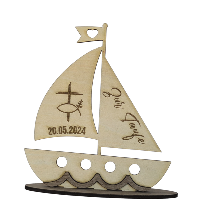 Geldgeschenk in Bootsform aus Holz, graviert & personalisierbar mit Datum. Ideal zur Taufe, Kommunion oder Konfirmation. Platz für 4 Geldscheine. Handgemacht & liebevoll gestaltet.