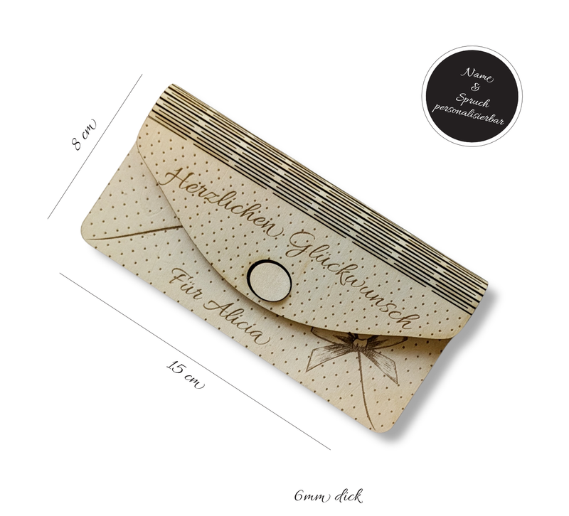 Liebevoll gestaltete Holzkarte zum Geburtstag, personalisierbare Gravur & Geldfach – charmantes Erinnerungsstück und stilvolle Verpackung für Geldgeschenke.
