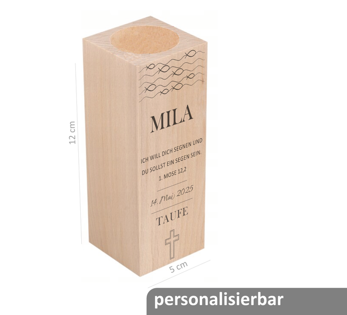 Kerzenhalter aus Holz für Teelicht mit Kreuz, christlichen Fischen & Gravur. Mit Name, Datum & Wunschtext personalisierbar. Geschenk zur Taufe & Kommunion.