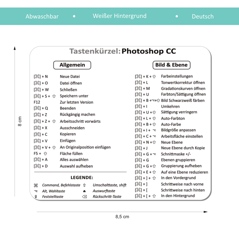 Der weiße und abwaschbare Aufkleber zeigt die nützlichsten deutschen Tastenkürzel für das Bildbearbeitungsprogramm Adobe Photoshop. 