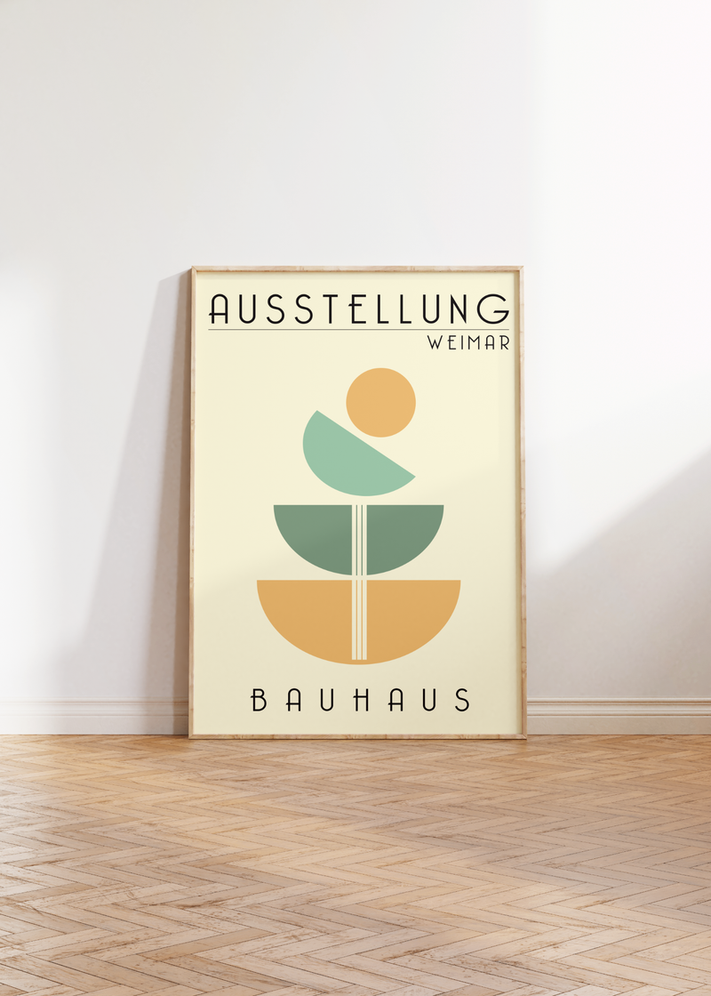 Das Bauhaus Poster zeigt dir au beigen Hintergrund verschiedene Schalen. 