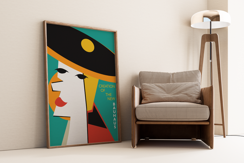 Das Bauhaus Poster zeigt dir in unterschiedlichen geometrischen Formen ein bunt dargestelltes Frauen Gesicht.