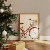 Dieses Poster im minimalistischen Stil zeigt ein rotes Damenfahrrad auf beigen Hintergrund.