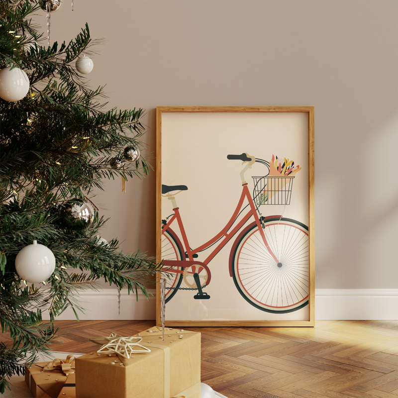 Dieses Poster im minimalistischen Stil zeigt ein rotes Damenfahrrad auf beigen Hintergrund.