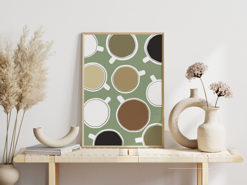 Dieses Poster für die Küche zeigt minimalistisch dargestellte Kaffeetassen in Braun und Grün.