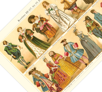 Das Poster von alten Kostümen und Mode ist eine Vintage Lithographie aus Meyers Koversations-Lexikon aus dem Jahr 1890.