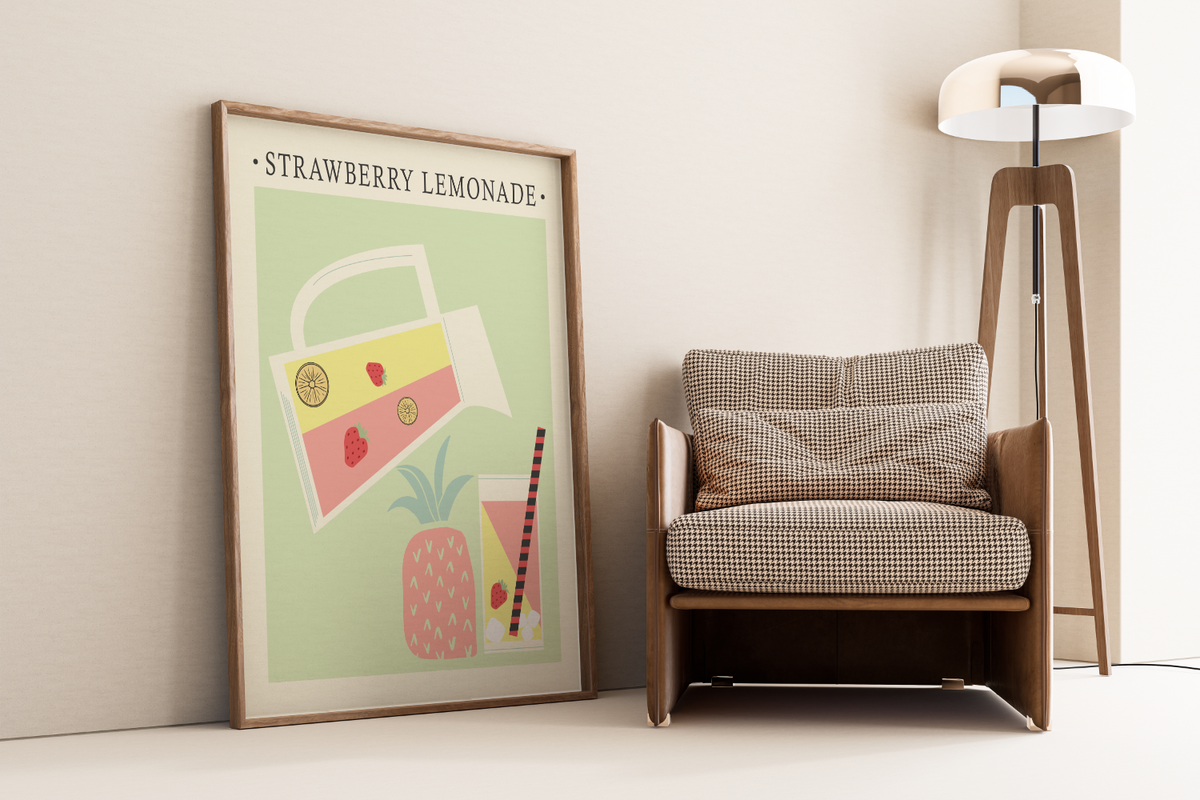 Das Poster für die Küche zeigt dir minimalistisch Darstellt eine Wasserkanne mit Erdbeerlimonade und ein Glas. 