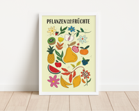Dieses Küchenposter zeigt verschiedene gezeichnete Früchte und Pflanzen. 
