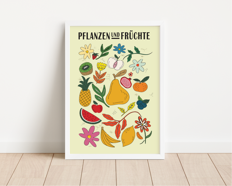 Dieses Küchenposter zeigt verschiedene gezeichnete Früchte und Pflanzen. 