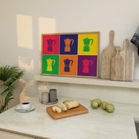 Das tolle Poster für die Küche zeigt dir im Pop Art Stil 6 Espressomaschinen. 