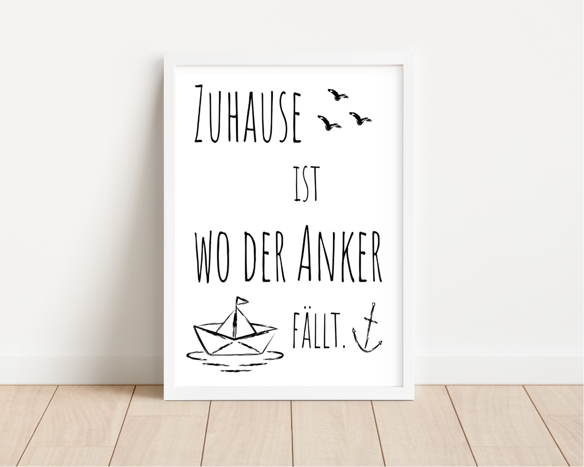 Schönes maritimes Poster mit einem Papierboot und dem Spruch Zuhause ist, wo der Anker fällt.
