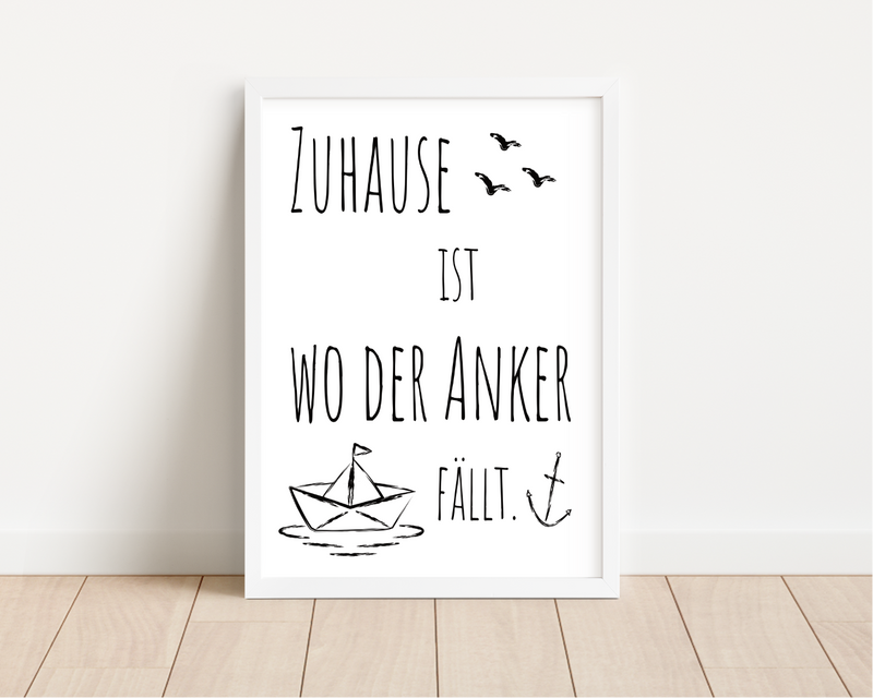 Schönes maritimes Poster mit einem Papierboot und dem Spruch Zuhause ist, wo der Anker fällt.