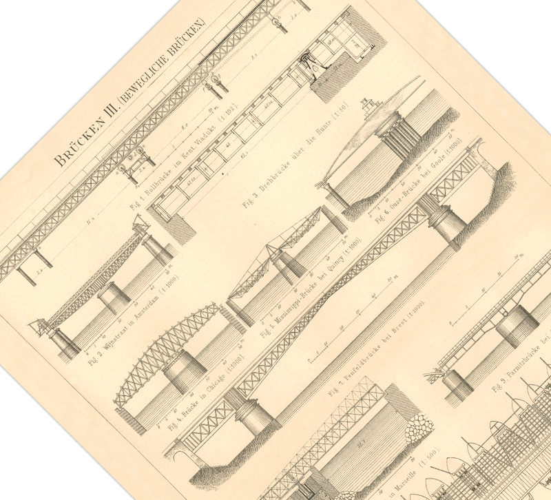 Das Poster zu verschiedenen Brücken ist eine Vintage Lithographie aus Meyers Koversations-Lexikon aus dem Jahr 1890
