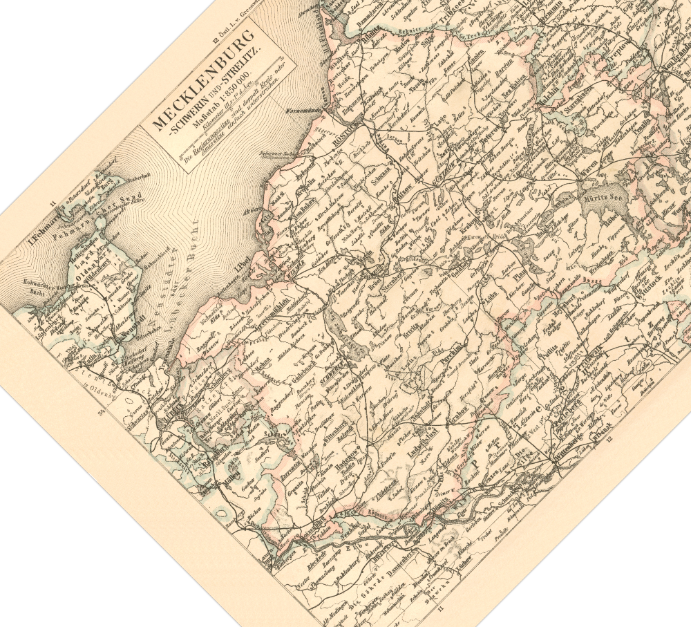 Das Poster einer Karte von Mecklenburg , Schwerin und Strelitz ist eine Vintage Lithographie aus Meyers Koversations-Lexikon aus dem Jahr 1890.