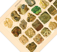 Das Poster von Mineralien und Gestein ist eine Vintage Lithographie aus Meyers Koversations-Lexikon aus dem Jahr 1890 im viktorianischen Stil. 