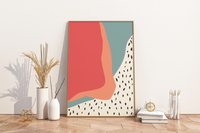 Das Poster zeigt eine abstrakte Darstellung in den Farben Rot, Orange und Blau. 