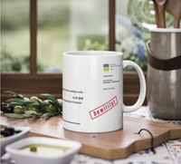 Die Tasse zeigt einen fiktiven Rentenbescheid der deutschen Rentenversicherung und ist nach wünschen personalisierbar.