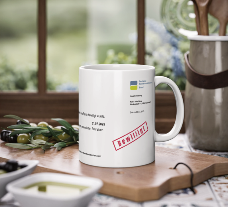 Die Tasse zeigt einen fiktiven Rentenbescheid der deutschen Rentenversicherung und ist nach wünschen personalisierbar.