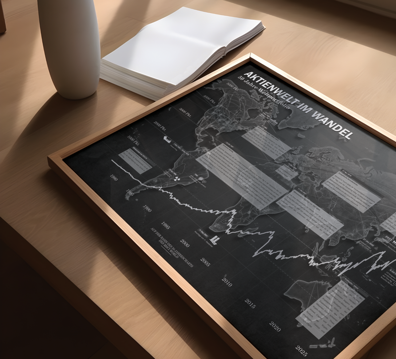 Minimalistisches Börsenposter mit historischem Weltaktien‑Chart auf Basis des MSCI World, dekoratives Finanz‑Poster für Büro und Wohnzimmer.