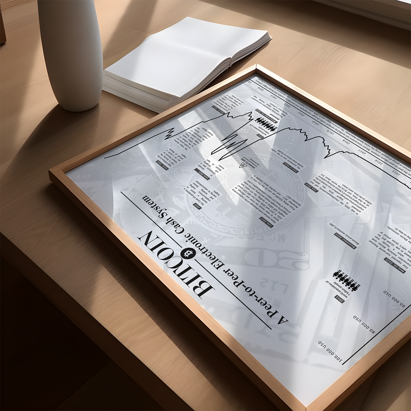 Dieses Poster der Kryptowährung Bitcoin zeigt zeigt den historischen Chart, inklusive historischer Ereignisse.