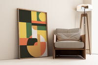 Dieses Poster zeigt dir eine moderne, geometrische Darstellung in Orange, Grün, Gelb und Beige.