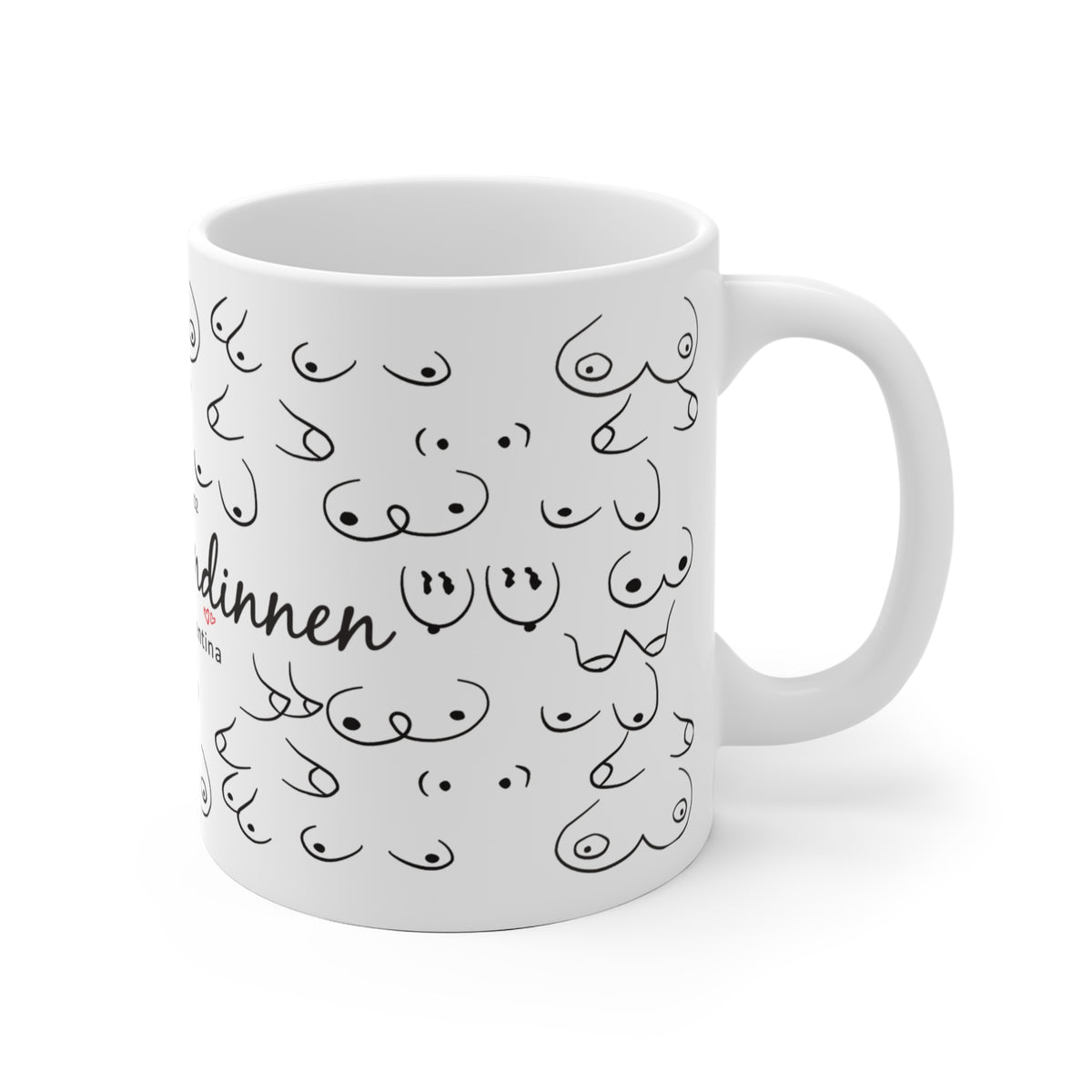 Die personalisierbare Tasse für deine beste Freundin zeigt unterschiedliche Formen von Brüsten und das Wort Busenfreundinnen.
