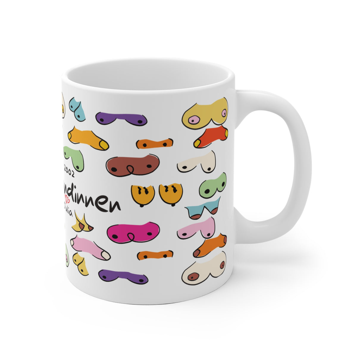 Die personalisierbare Tasse für deine beste Freundin zeigt unterschiedliche Formen von Brüsten und das Wort Busenfreundinnen. 