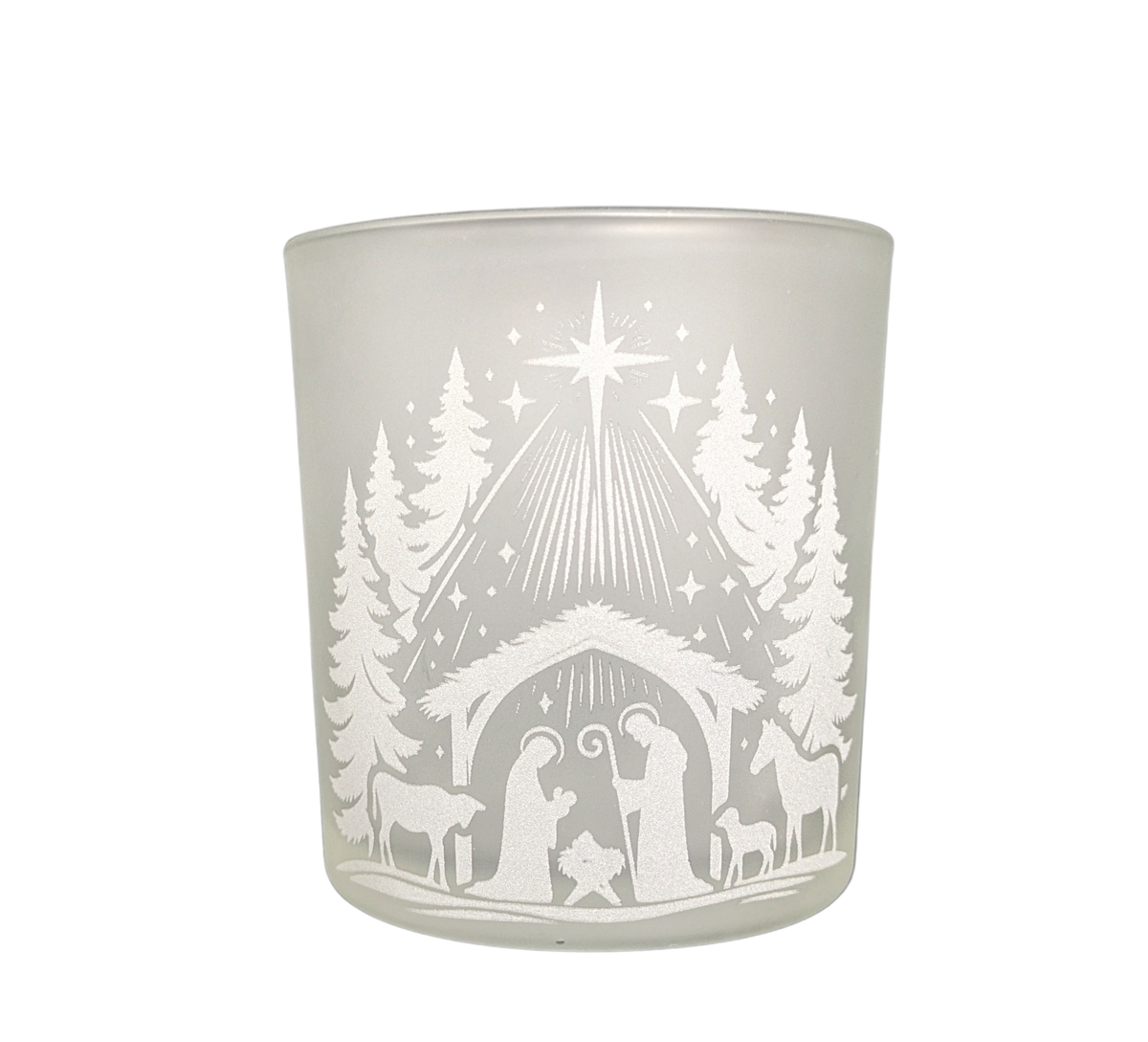 Teelichtglas zu Weihnachten – Darstellung der Geburt Jesu mit Maria, Josef und dem Kind in stilisierter Silhouette, geeignet als festliche Dekoration zur Adventszeit.