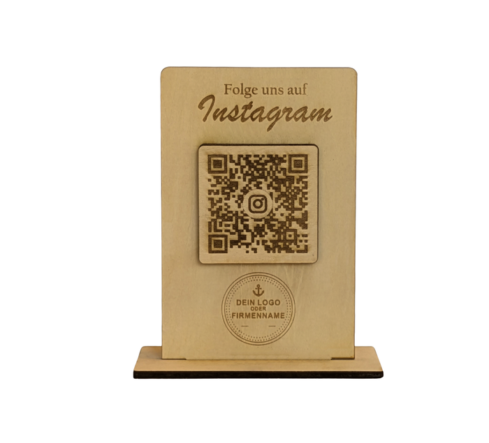 Social Media QR-Code Aufsteller aus Holz – Individuell für Instagram, TikTok, LinkedIn & mehr. Wunschtext & Logo/Firmennamen gravierbar. Hochwertige Theke-Deko inkl. Fuß. Jetzt personalisieren!