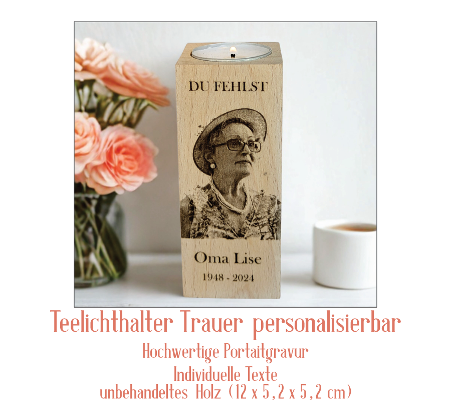 Personalisierter Teelichthalter aus Holz mit Foto & Gravur – einzigartiges Trauergeschenk zur Erinnerung an geliebte Menschen. Mit Namen, Datum & Spruch individuell gestaltbar.