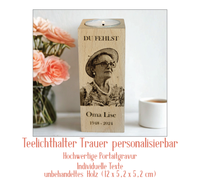 Personalisierter Teelichthalter aus Holz mit Foto & Gravur – einzigartiges Trauergeschenk zur Erinnerung an geliebte Menschen. Mit Namen, Datum & Spruch individuell gestaltbar.