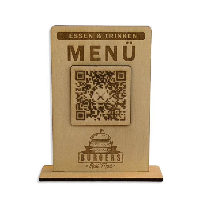 Menü- & Speisekarten-Aufsteller aus Holz – QR-Code, personalisierbarem Text & Logo/Firmennamen. Hochwertige Theke-Deko für Restaurants, 12x8 cm inkl. Fuß. Jetzt individuell gestalten!