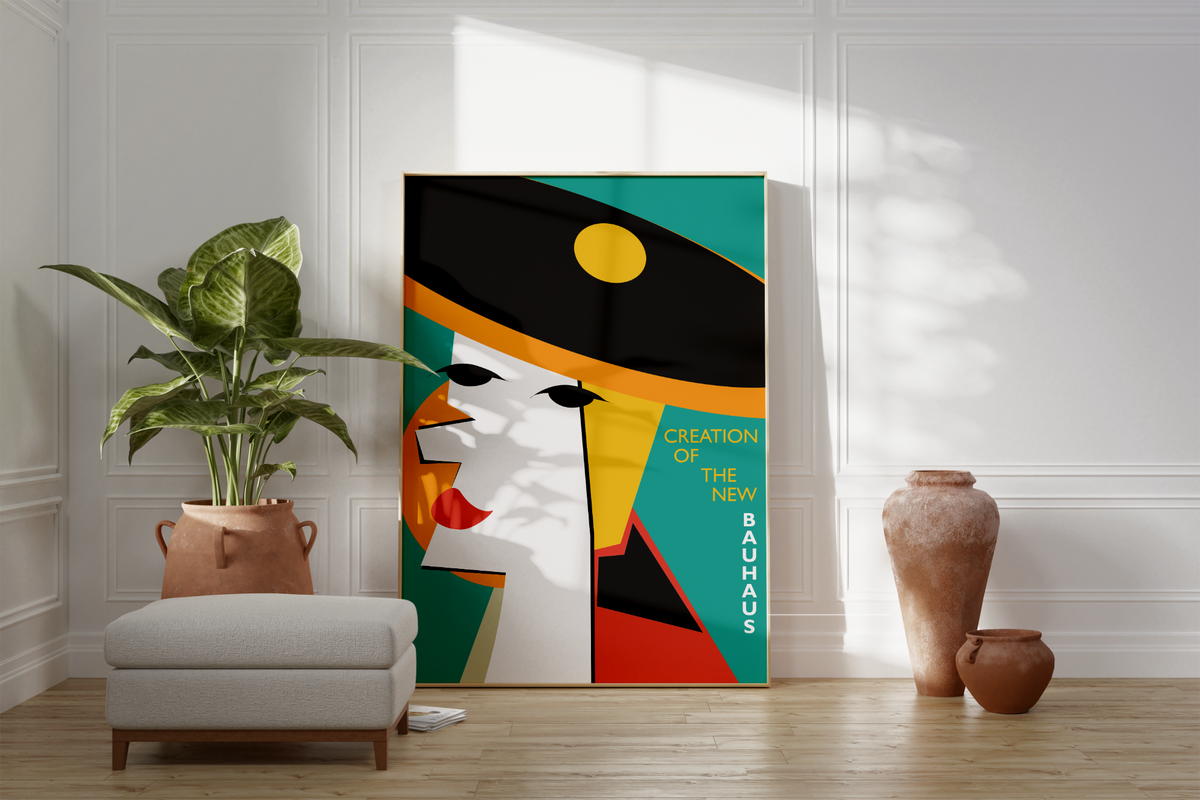 Das Bauhaus Poster zeigt dir in unterschiedlichen geometrischen Formen ein bunt dargestelltes Frauen Gesicht.