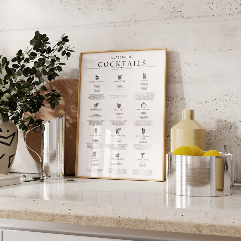 Dieses Poster für die Küche zeigt dir 12 verschiedene Cocktails mit Rezepten, Bildern und Anleitung zur Zubereitung. 