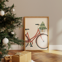 Dieses Poster im minimalistischen Stil zeigt ein rotes Damenfahrrad auf beigen Hintergrund.