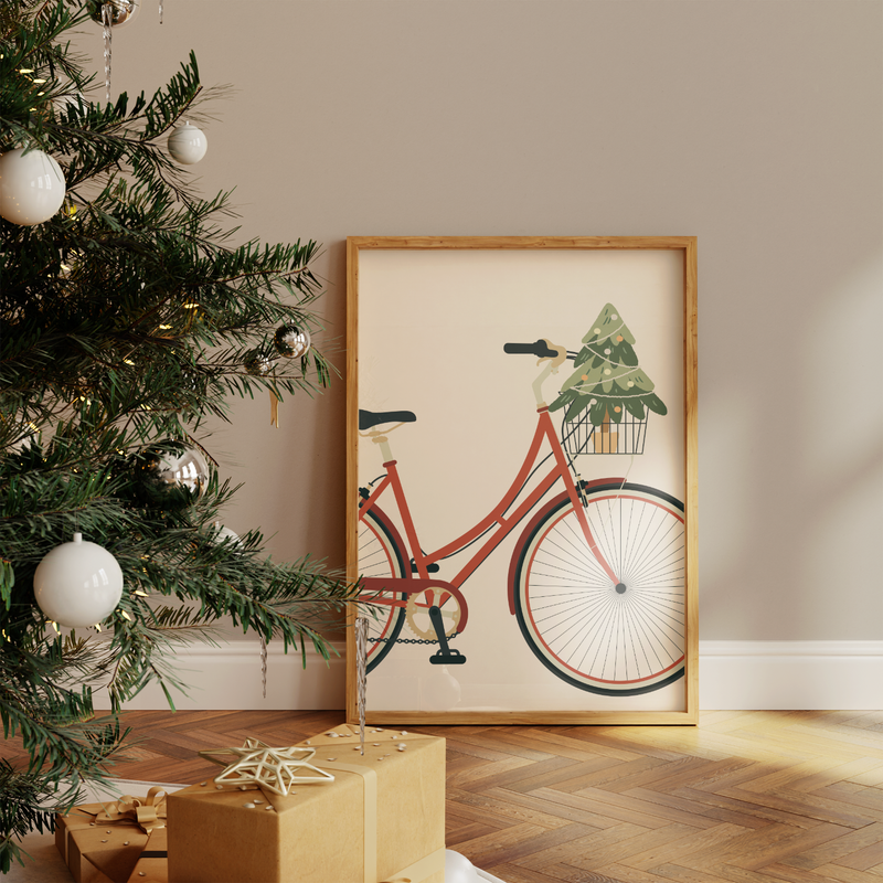 Dieses Poster im minimalistischen Stil zeigt ein rotes Damenfahrrad auf beigen Hintergrund.