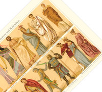 Das Poster von alten Kostümen und Mode ist eine Vintage Lithographie aus Meyers Koversations-Lexikon aus dem Jahr 1890