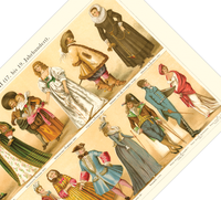 Das Poster von alten Kostümen und Mode ist eine Vintage Lithographie aus Meyers Koversations-Lexikon aus dem Jahr 1890.