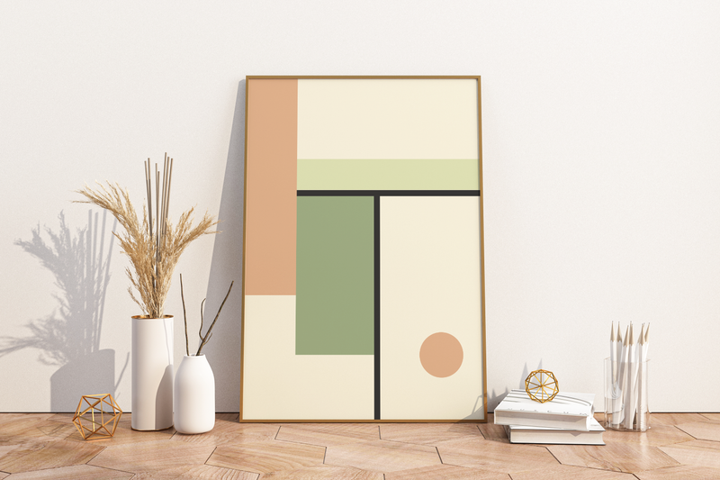 Dieses Poster zeigt dir eine moderne, geometrische Darstellung in grün und orange. 