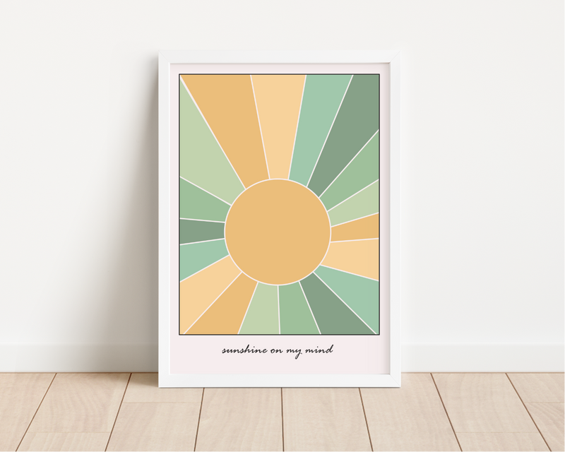 Das Poster zeigt eine Sonne und den Spruch "Sunshine in my Mind" in verschiedenen grünen und orangen Pastelltönen.
