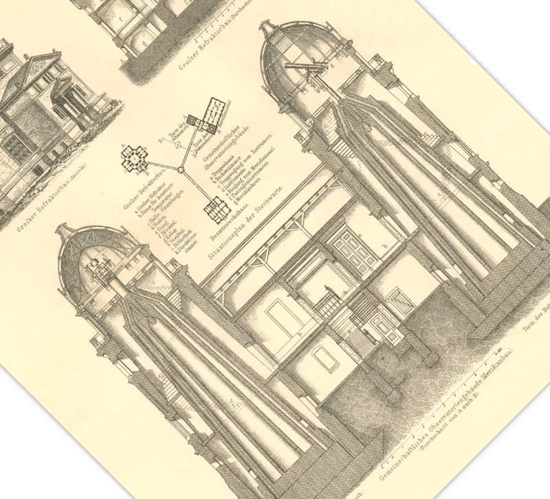 Das Poster einer Sternwarte ist eine Vintage Lithographie aus Meyers Koversations-Lexikon aus dem Jahr 1890.